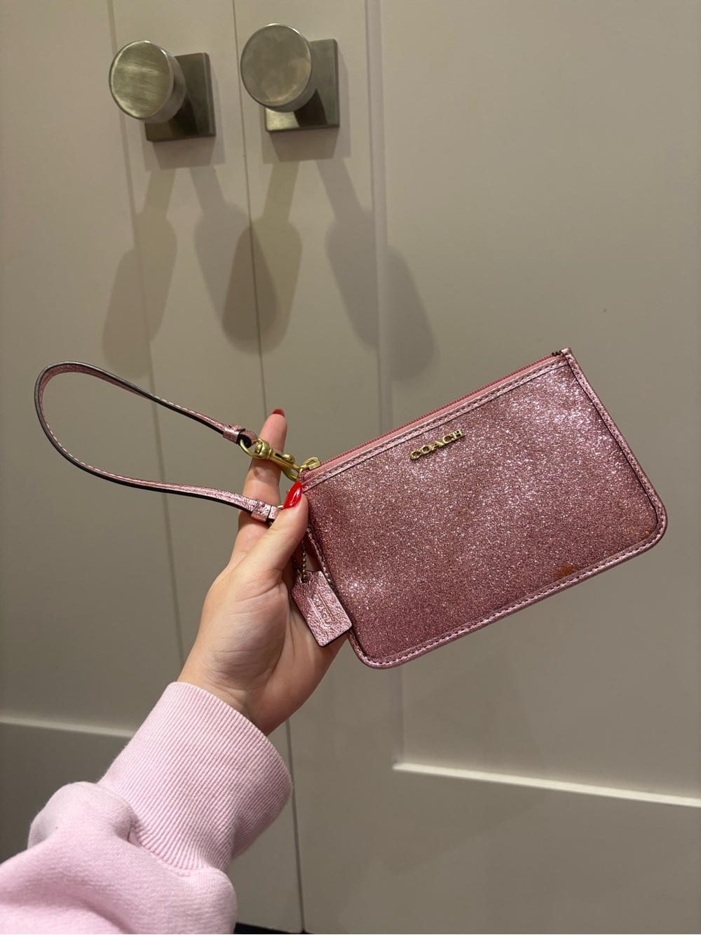 Coach Pink Glitter Sparkle Wristlet Clutch Gold Hardware